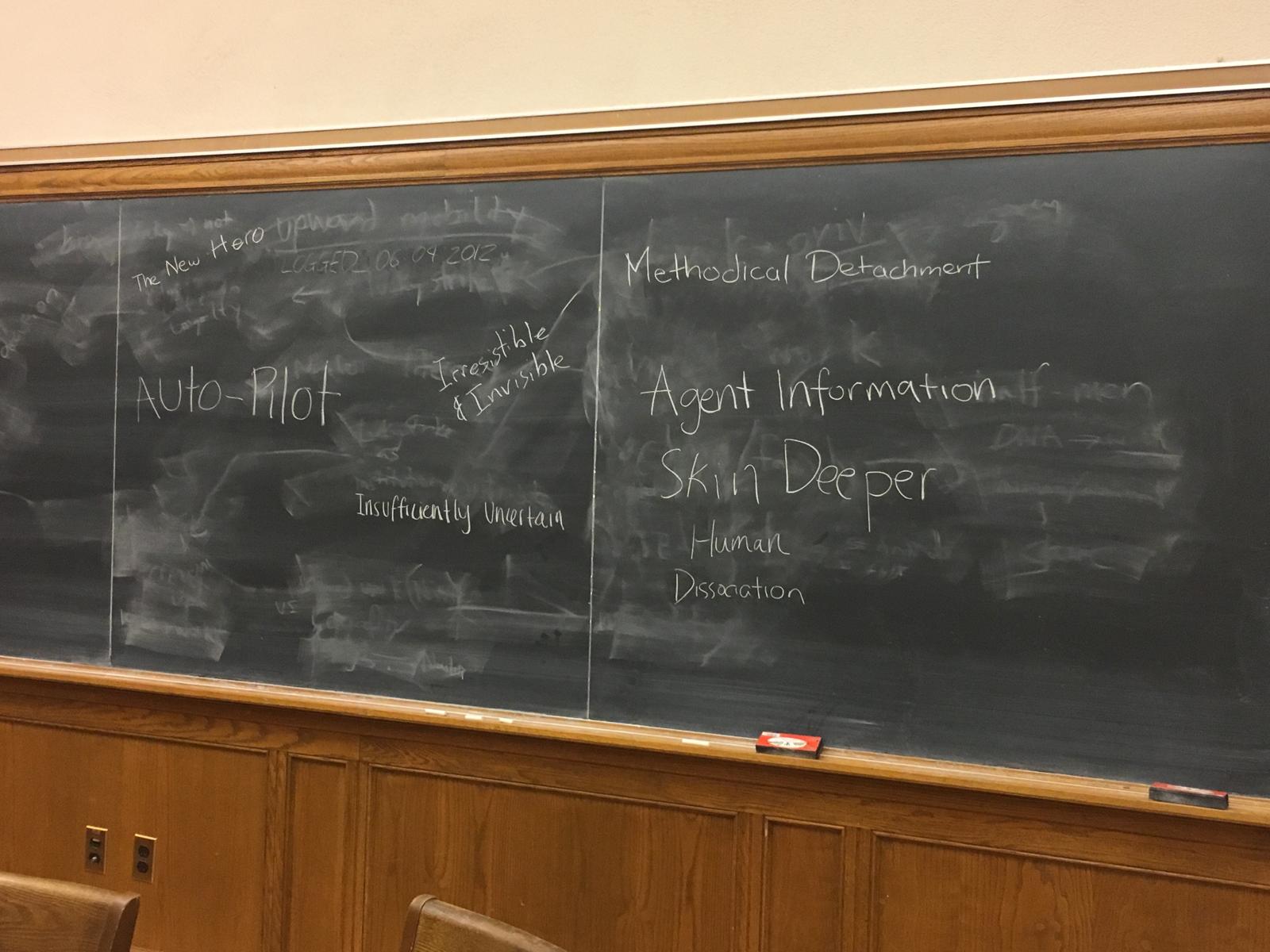 Photograph of blackboard with more student-generated titles for Jennifer Egan's "Black Box"